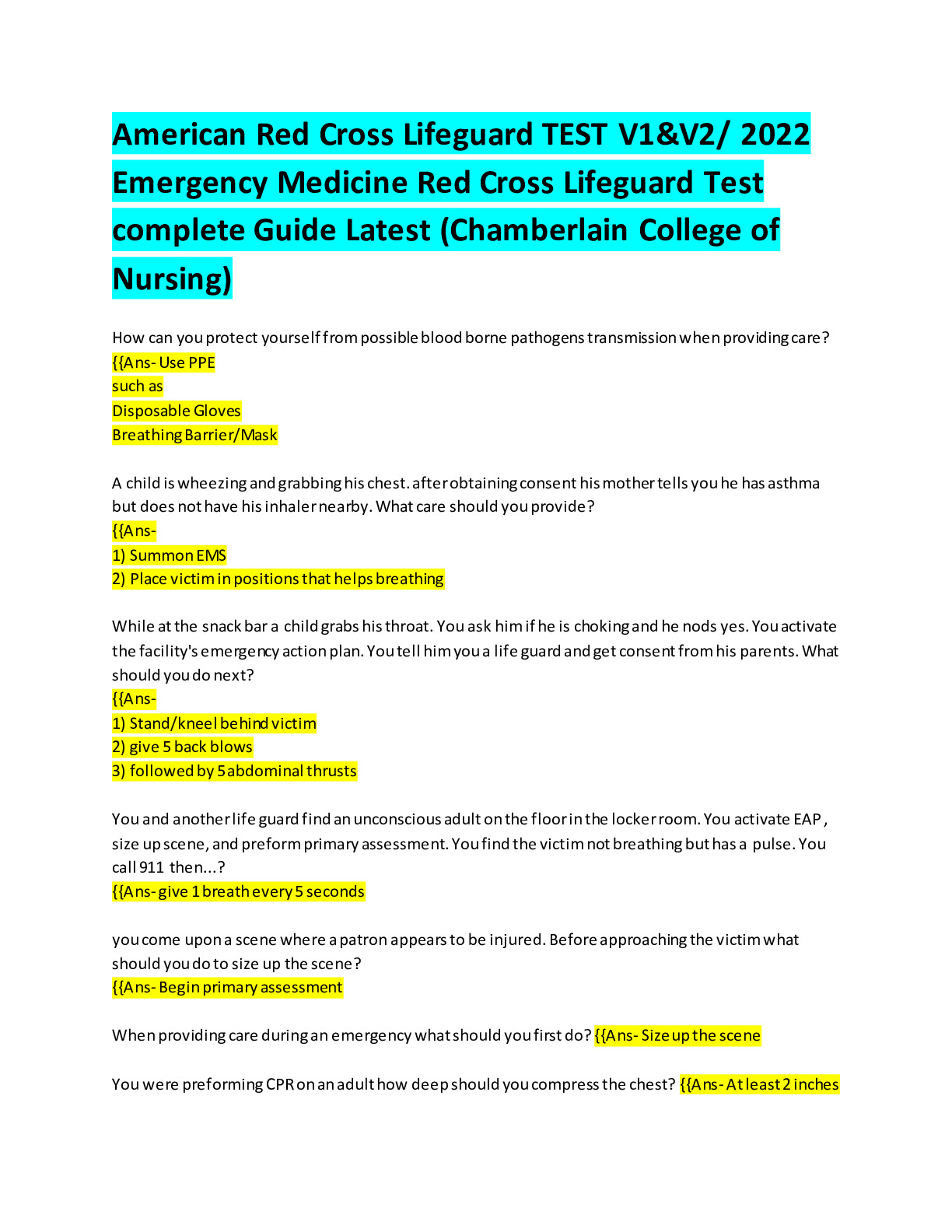 Recommended document preview for American Red Cross Lifeguard TEST V1&V2/ 2022 Emergency Medicine Red Cross Lifeguard Test complete Guide Latest (Chamberlain College of Nursing)